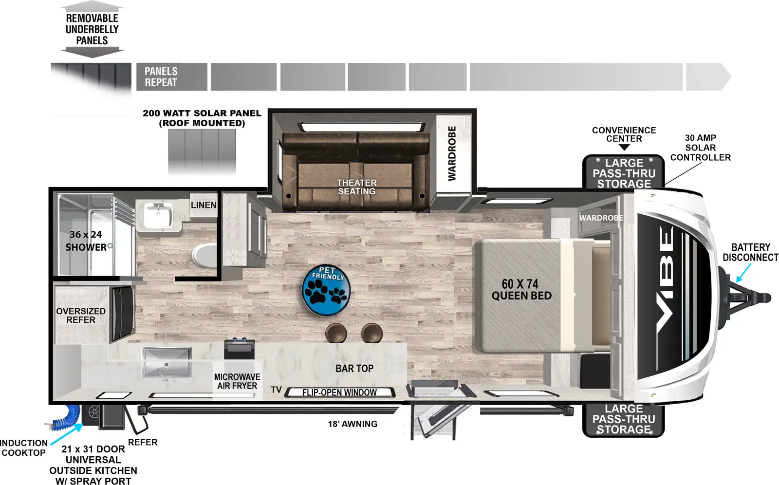 The 22RK has one slideout and one entry. Exterior features large front pass-thru storage with convenience center and 30 amp solar controller, battery disconnect, 18 foot awning, removable underbelly panels, 200 watt roof-mounted solar panels, and rear universal outside kitchen with induction cooktop, refrigerator, and spray port. Interior layout front to back: foot-facing queen bed with wardrobe; off-door side slideout with wardrobe and theater seating; door side entry, bar top with stools, flip-open window and TV, microwave air fryer, and kitchen counter with sink wraps to rear oversized refrigerator; rear off-door side full bathroom with linen closet